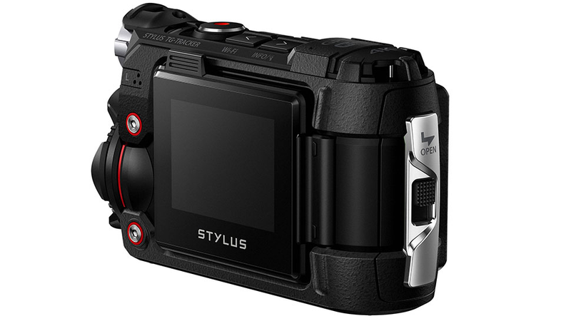 The Olympus Stylus TOUGH TG-Tracker will be available in two colors. The green above, and this more demure black and red affair.